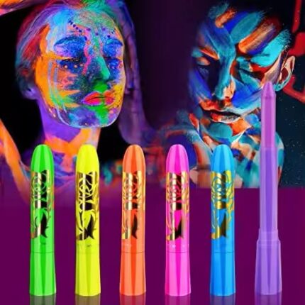 Glow In Dark Neon UV Face Body Paint Sticks for Halloween Makeup, 6 Pieces, Rainbow Glitter