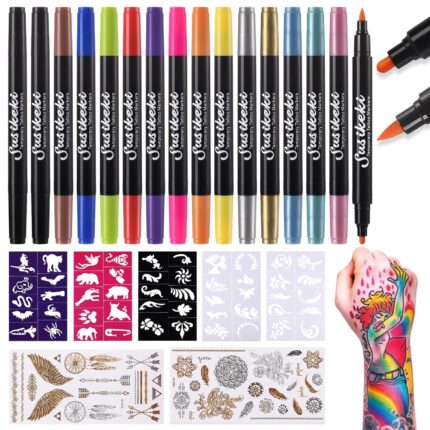 Temporary Tattoo Markers for Skin, 15 Colors Tattoo Pen + 50 Paint Stencils + 43 Tattoos Stickers, Glitter & Matte & Neon Glow Body Marker Set, Removable Fake Tattoos Kit for Teens and Adult