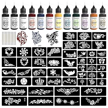 PFARRER Temporary Tattoo Kit12 Bottles Color Temporary Tattoo Ink,49 Big Pcs Stencils Kit for Body Paint DIY Fake Tattoos for Kids(Black*2,Red,Green,Blue,Pink,Grey,Navy,Yellow,Purple,Brown,Orange)