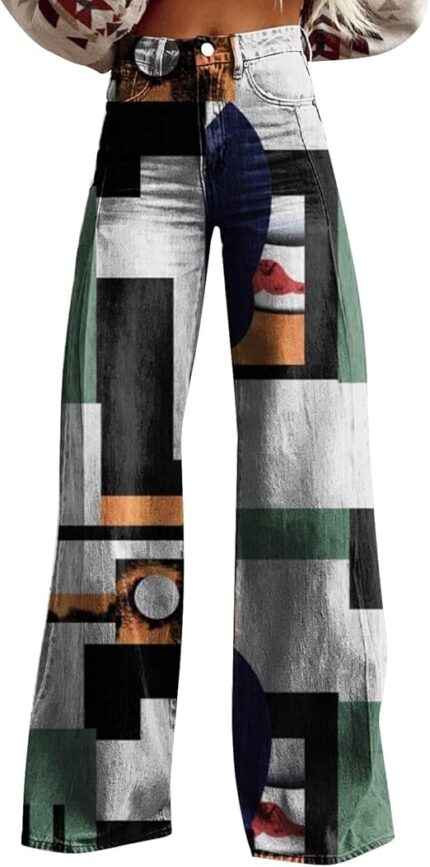 Womens Jeans High Waisted Vintage Floral Print Wide Leg Pants Casual Plus Size Flare Pants Long Trousers