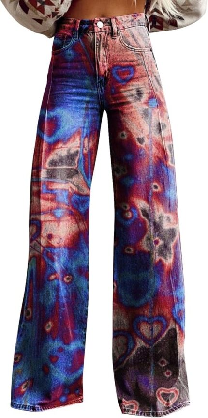 Baggy Jeans for Women Vintage 90s Floral Print Wide Leg Jeans High Waisted Pant Flare Trousers with Pocket